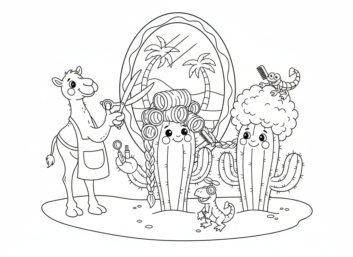 מספרה לקקטוסים במדבר - קקטוסים מקבלים תסרוקות שונות מהקוצים שלהם, גמל כספר, לטאה כמניקוריסטית, עשב מדבר כרולים לשיער, עקרב עם מסרק זעיר, ומראה עשויה ממראה מדבר