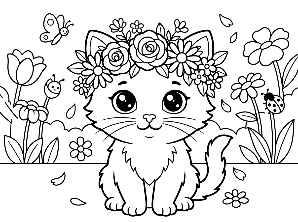 גור חתולים זעיר וחמוד עם כובע זר פרחים על ראשו, מביט קדימה בעיניים ענקיות ומנצנצות. הפרחים מגוונים ויפים, ועלי כותרת נושרים סביבו. סגנון ציור מתוק ורומנטי עם קווים עדינים ופרחוניים, רקע של גינה פורחת.