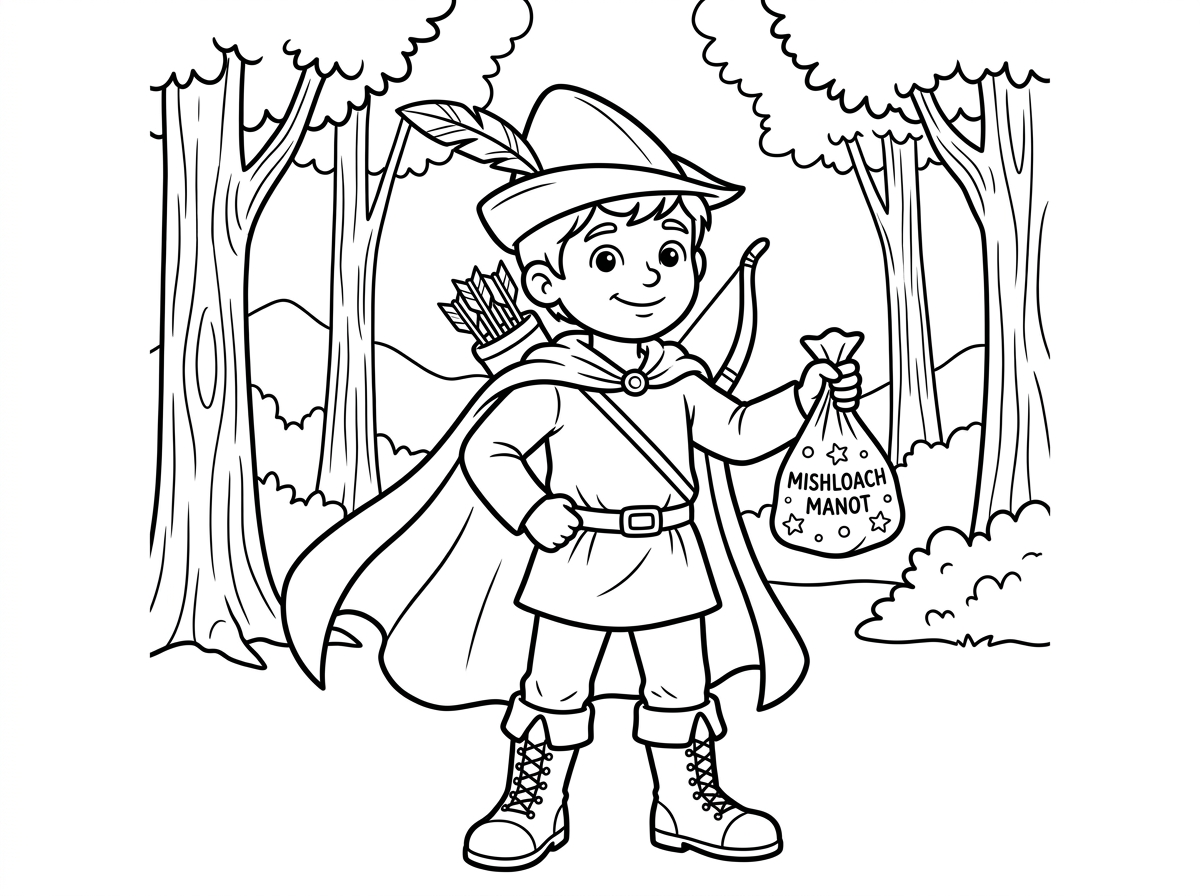 ילד מחופש לרובין הוד בתחפושת פורימית: כובע עם נוצה, גלימה, חיצים וקשת צעצוע על הגב, ומגפיים גבוהים. עומד בתנוחה גיבורית ביער עם עצים גבוהים, ובידו שק קטן של משלוח מנות במקום שק. סגנון הרפתקני ומשעשע.