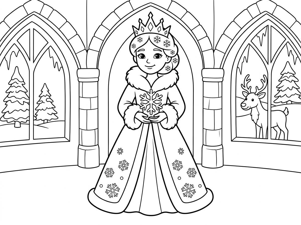 נסיכה אלגנטית לובשת שמלת חורף מפוארה עם פרווה על הצווארון והשרוולים, מעיל ארוך מעוטר בפתיתי שלג מרוקמים וכתר קרח מנצנץ. היא עומדת בארמון קרח עם חלונות כפור, מחזיקה פתית שלג ענק ביד. ברקע נוף שלג עם עצי אשוח מכוסים ואיילים, בסגנון חורפי מלכותי.