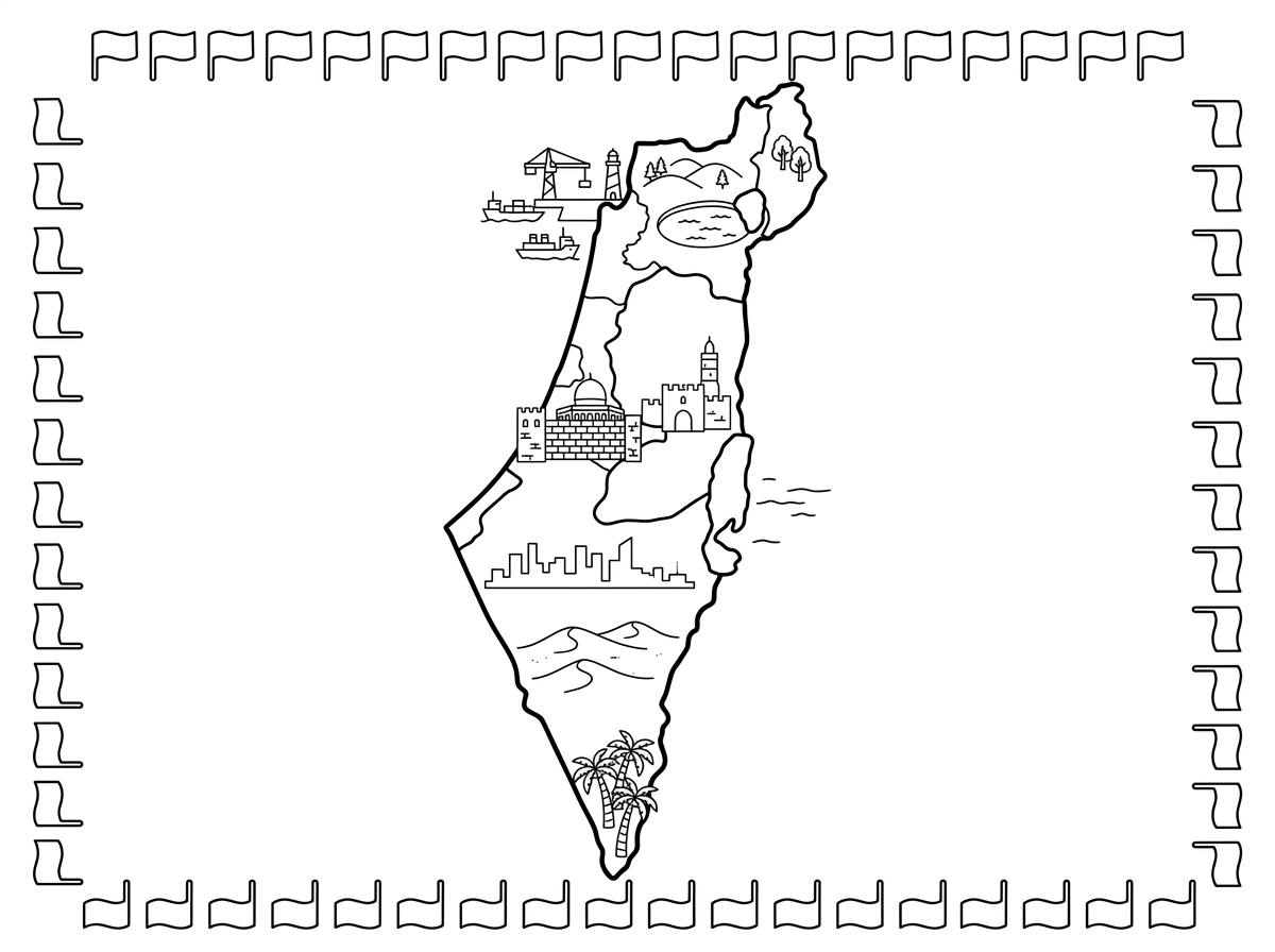 מפת ארץ ישראל עם קווי מתאר ברורים, ובתוכה סמלים של אתרים ידועים: כותל המערבי בירושלים, מגדל דוד, ים המלח, הכנרת, עצי דקל באילת, ונמל חיפה. כל אזור עם ציורים אופייניים, ומסביב למפה מסגרת של דגלונים.
