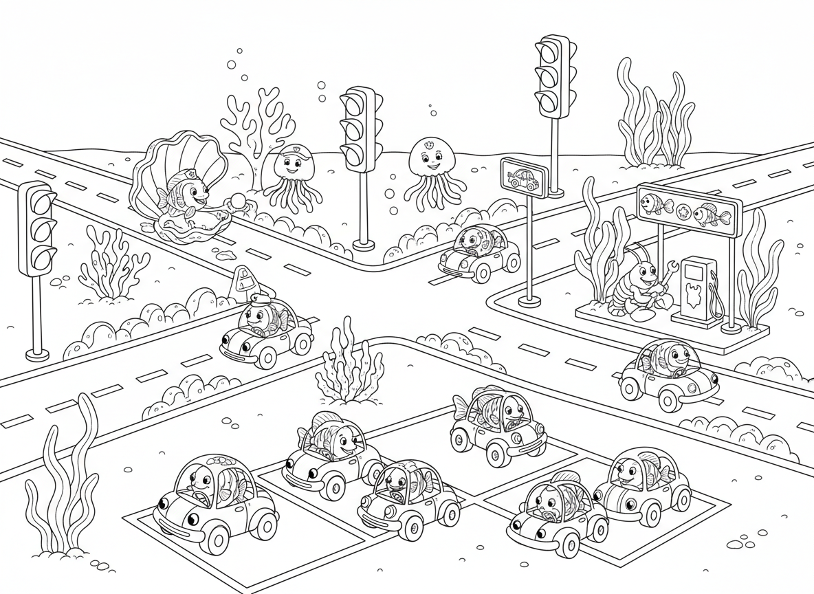 דגים נוהגים במכוניות על קרקעית הים - דגים נוהגים במכוניות זעירות צבעוניות על כבישי קרקעית, רמזורי אלמוגים, מדוזה כשוטרת תנועה, צדפה כעמדת אגרה, לובסטר מכונאי, תחנת דלק אצות, וחניון צדפים