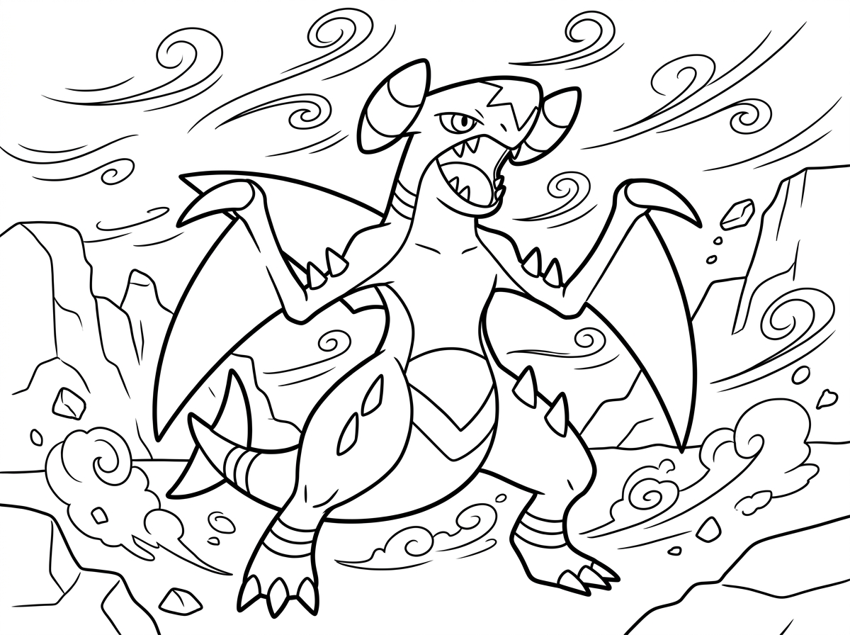 גארצ׳ומפ הדרקון הכחול-כהה עומד בתנוחת קרב אגרסיבית, סנפירי הכריש על ראשו וזרועותיו מחודדים ומאיימים. כנפיו פרושות, שיניו חשופות בשאגה, ועיניו מנצנצות בנחישות, על רקע מדברי סלעי עם סופת חול.