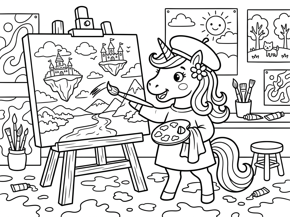 חד קרן עם כומתה צרפתית על ראשו עומד מול כן ציור גדול ומצייר בהשראה, מברשת ביד אחת ופלטה בשנייה. על הכן ציור של נוף פנטסטי עם טירות מעופפות, והרצפה סביבו מלאה בשפריצי צבע. ברקע סטודיו מלא השראה עם ציורים מוגמרים על הקירות, בסגנון בוהמייני.