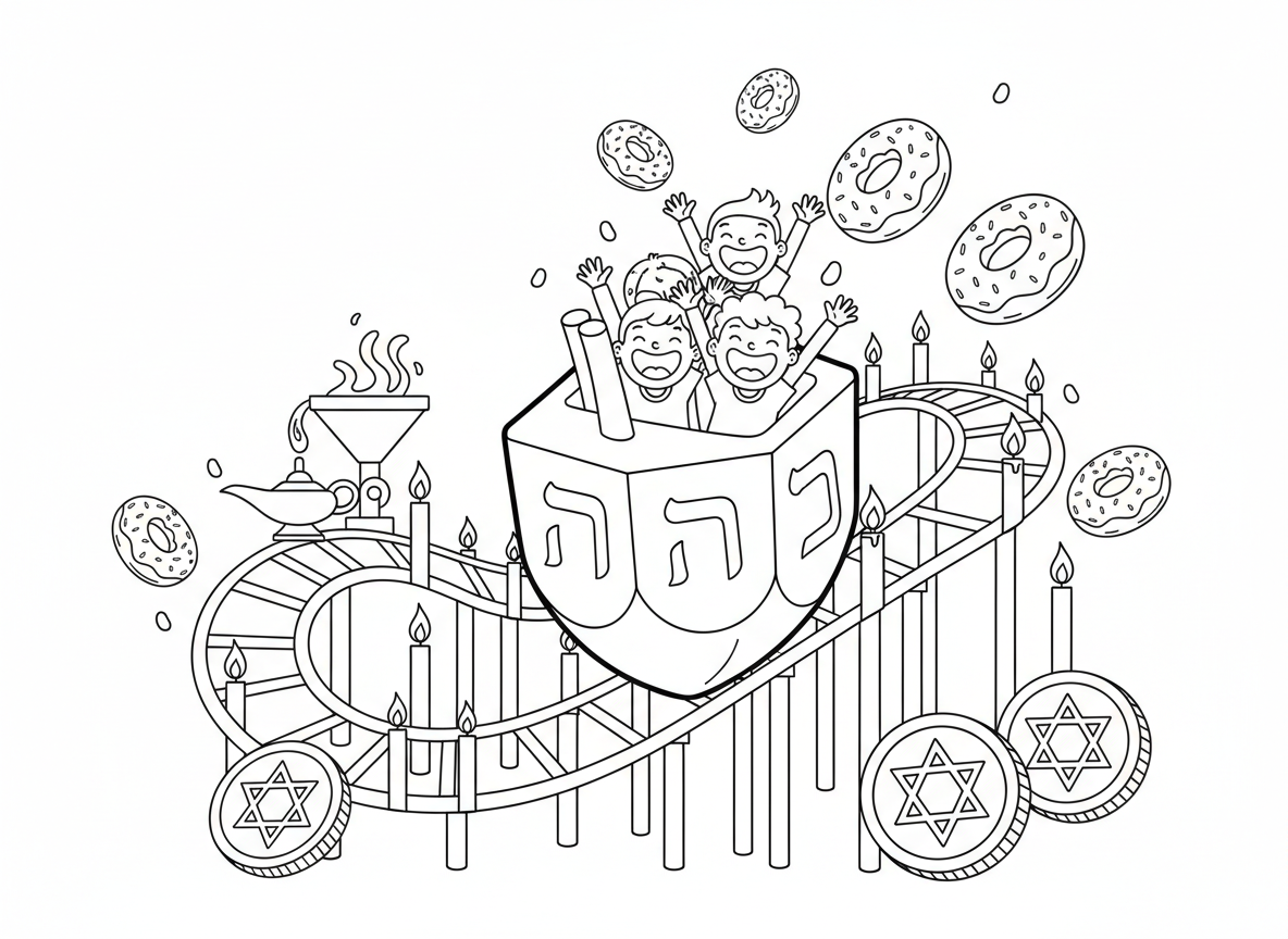 הרים רוסיים סביבון בחנוכה - סביבון ענק מסתובב כרכבת הרים, ילדים בפנים צורחים בשמחה, מסלול עשוי מנרות חנוכייה, סופגניות עפות לכל מקום, מטבעות שוקולד ככרטיסי נסיעה, ושמן כדלק לנסיעה