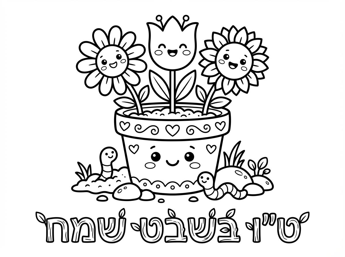 עציץ חימר חמוד ומעוטר עם שלושה פרחים גדולים ומחייכים (עם פרצופים חמודים), כל אחד בגודל ובעיצוב שונה. מתחת לעציץ הכיתוב ""ט""ו בשבט שמח"" באותיות מעוצבות כענפים ועלים. אדמה, תולעים חייכניות, ואבנים סביב העציץ. סגנון קוואיי מקסים וילדותי.