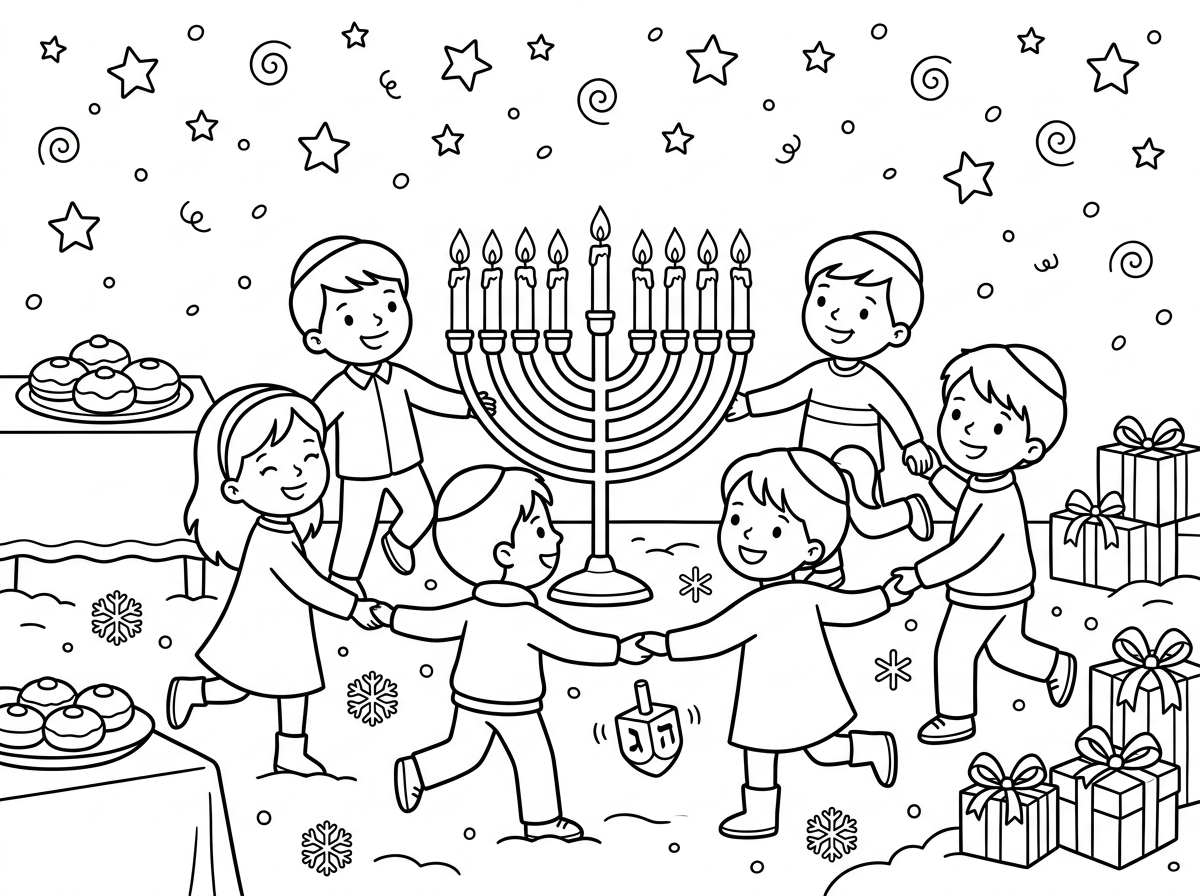 סצנה קסומה של חג חנוכה עם חנוכייה מרכזית מוארת, מסביבה ילדים רוקדים בעיגול עם סביבונים ביד. שלהבות הנרות יוצרות אור זוהר שמאיר את כל הסצנה, כוכבים בשמיים ושלג קל, ובצדדים סופגניות ומתנות. עיצוב חגיגי ושמח עם הרבה אלמנטים לצביעה.