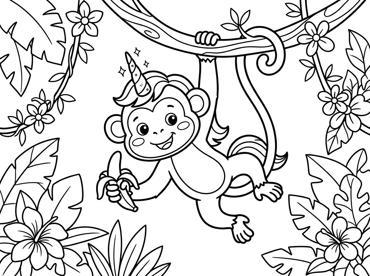 יצור מקסים שהוא שילוב של קוף וחד קרן – גוף קוף שובב עם זנב מתולתל ואוזניים עגולות, אבל עם קרן מנצנצת על מצחו ורעמה. הוא נתלה על ענף עץ ביד אחת ובשנייה מחזיק בננה, מחייך שובבות. ברקע ג'ונגל טרופי עם עלים גדולים ופרחים אקזוטיים.