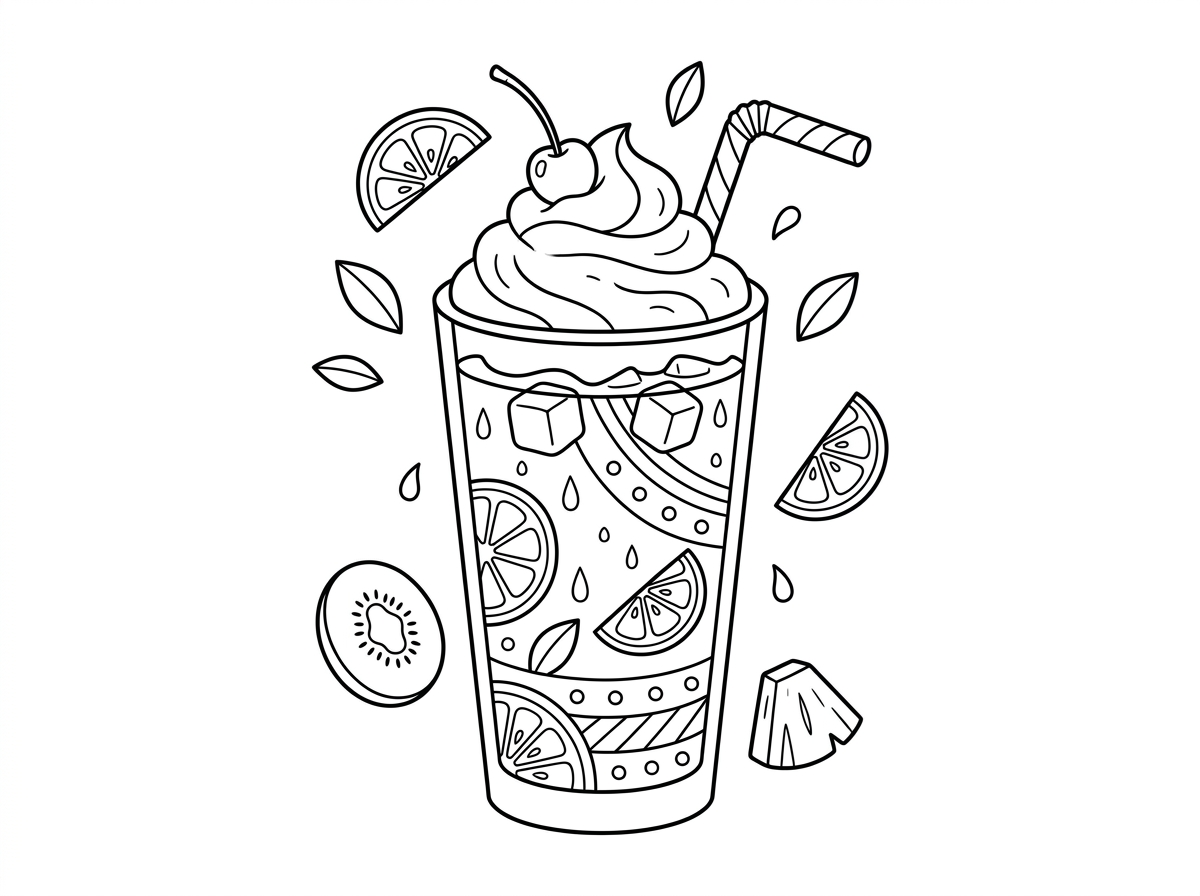 כוס גבוהה ומעוטרת מלאה במשקה קר עם קרח, מעליה הר של קצפת מסולסלת עם דובדבן בראש וקשית. הכוס מעוטרת בדוגמאות של פירות ופסים, וסביבה טיפות עיבוי קרות. ברקע פרוסות לימון ופירות טרופיים, עיצוב מרכזי גדול עם הרבה פרטים דקורטיביים.