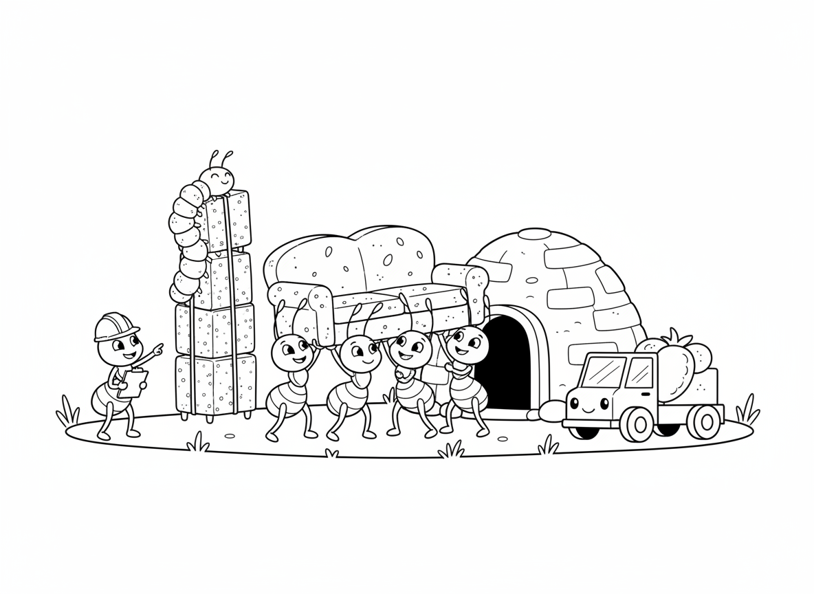 חברת הובלות של נמלים - נמלים נושאות רהיטים פי מאה מגודלן, נמלה מנהלת עם לוח, משאית הובלה זעירה, ספה מפירורי לחם, ארגזי קוביות סוכר, זחל כניילון בועות, ובית נמלים חדש