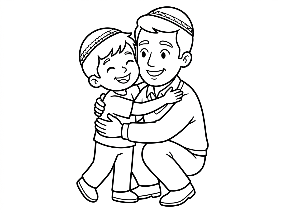 תכין ילד עם כיפה שמח ומאושר לתת לאבא שלו (עם כיפנ) חיבוק