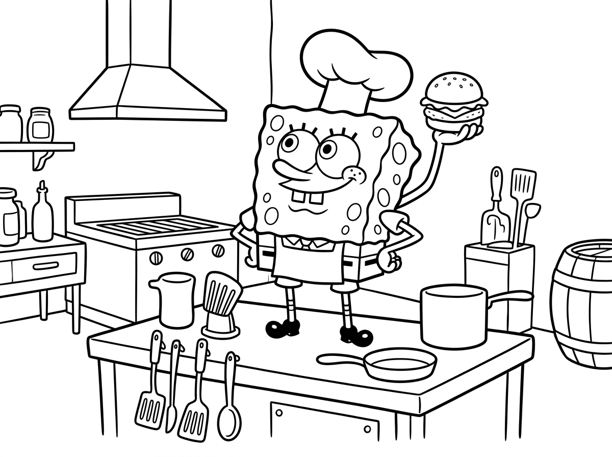 בוב ספוג עומד בגאווה על שולחן העבודה שלו במסעדת קראסטי קראב, מוקף בספטולות ומחבתות. הוא לובש את כובע השף והסינר שלו ומחזיק קרשיט קראבי מושלם ביד, עם חיוך גאה של טבח מנוסה.