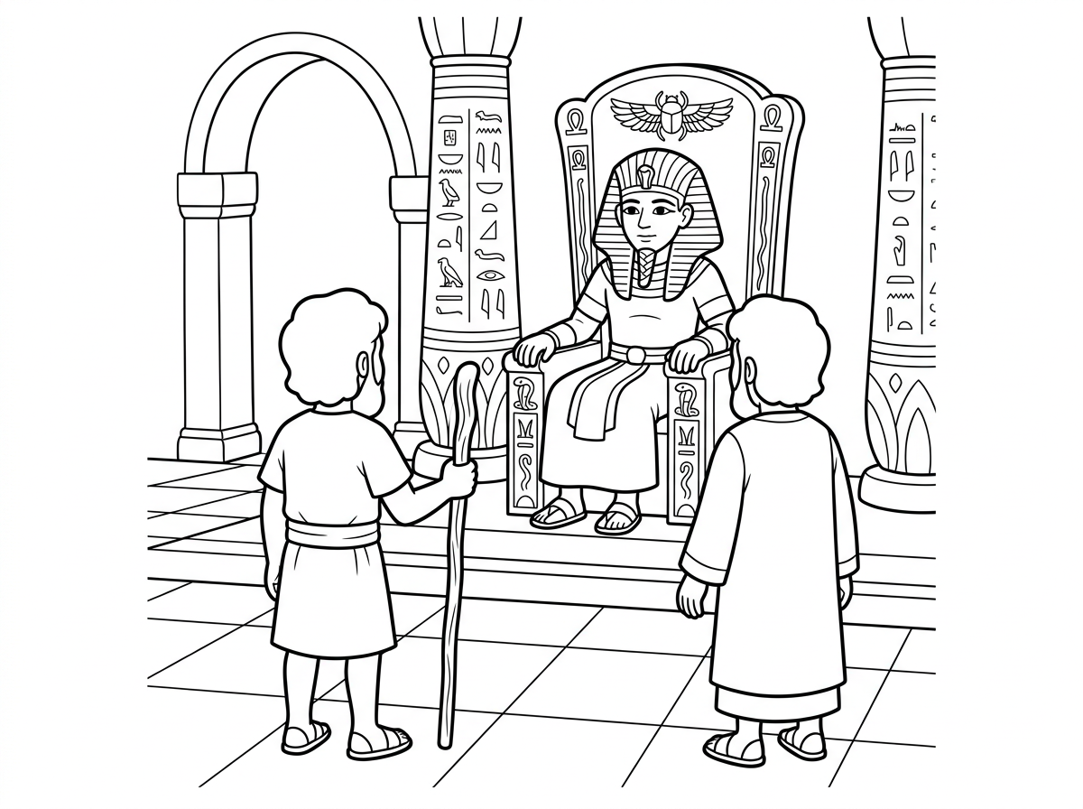 פרעה יושב על הכסא שלו בארמון, ומשה ואהרון נמצאים מולו (רואים אותם מהגב)