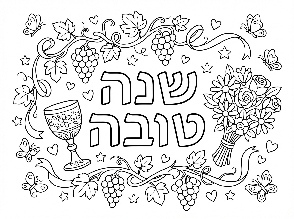 אגרת ברכה עם ""שנה טובה"" במרכז, מוקפת בגביע יין מעוטר, זר פרחים, לבבות קטנים מפוזרים, ענפי ענבים, וסרטים מתנופפים. כל אלמנט שזור בהרמוניה יפה, עם פרפרים וכוכבים קטנים. סגנון רומנטי וחגיגי עם הרבה אלמנטים.