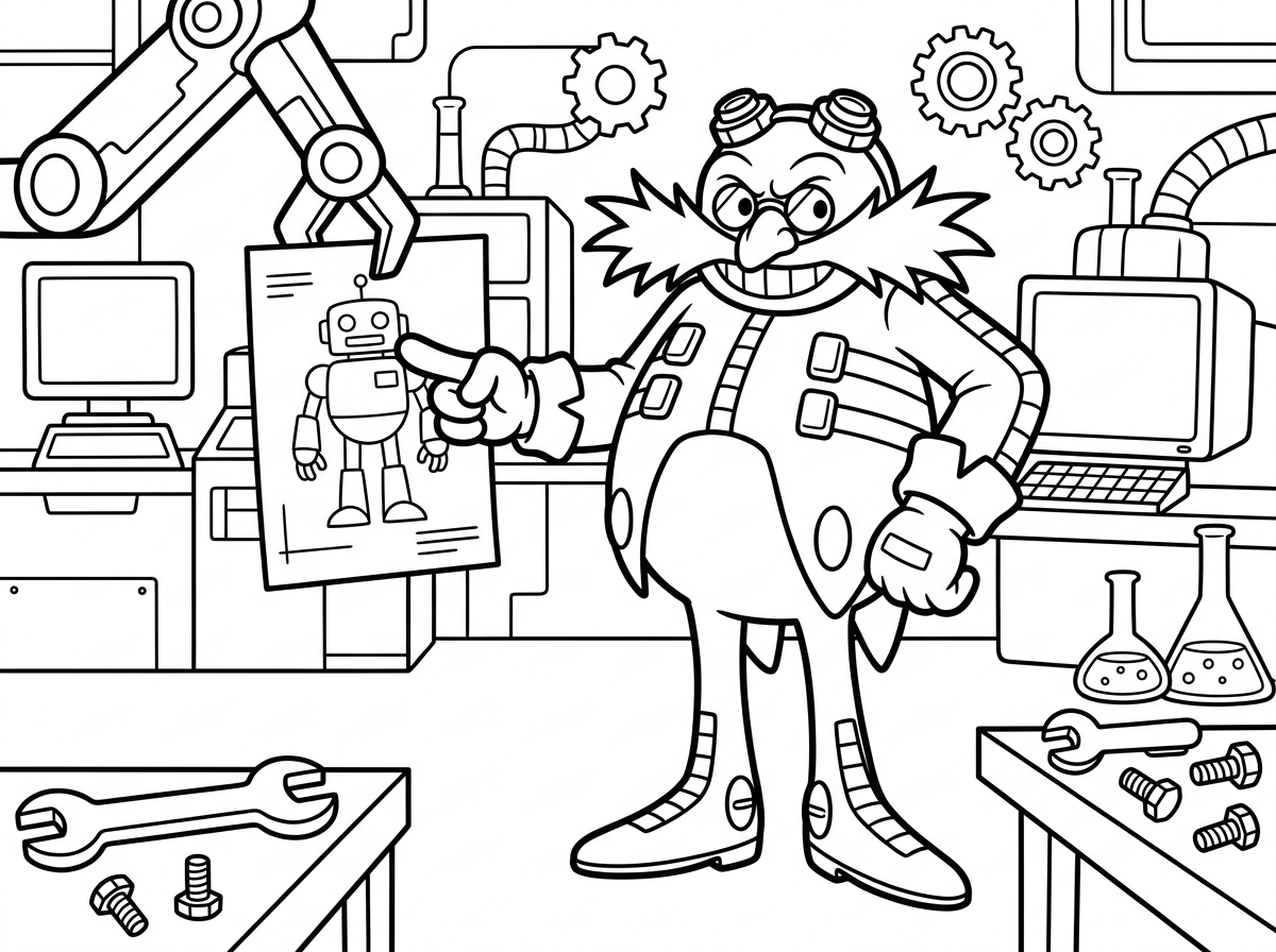 ד״ר אגמן (רובוטניק) עומד בתנוחה מאיימת עם שפם ענק מסולסל, משקפיים עגולות על הראש הקרח ובטן עגולה. הוא מחייך חיוך מרושע ומצביע על שרטוט של רובוט חדש, סביבו ברגים ומסכי מחשב במעבדתו החשוכה.