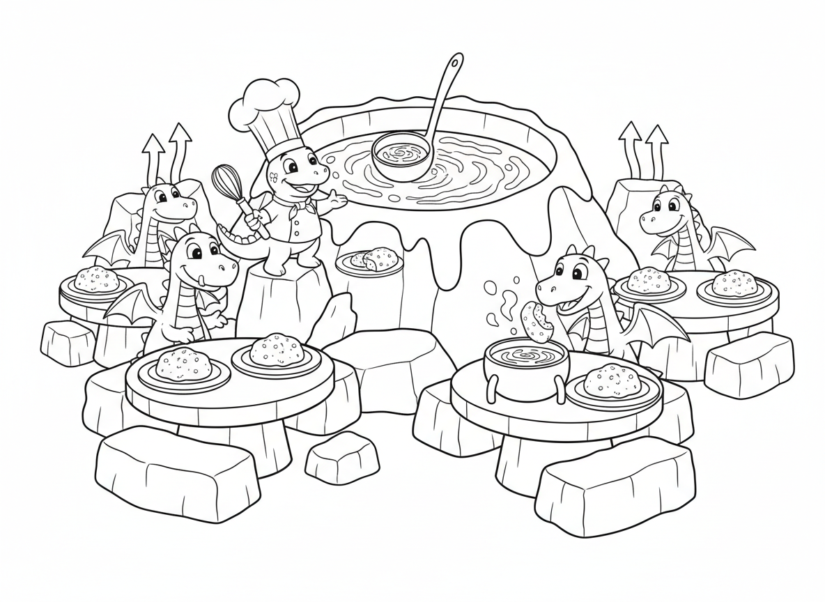 מסעדה בתוך הר געש - מסעדה בתוך הר געש, לבה כמרק, אבני בזלת כלחם, פתחי קיטור כמנדף מטבח, סלמנדרת אש כשף, דרקונים כלקוחות, צלחות אובסידיאן, ופונדו שוקולד ממגמה