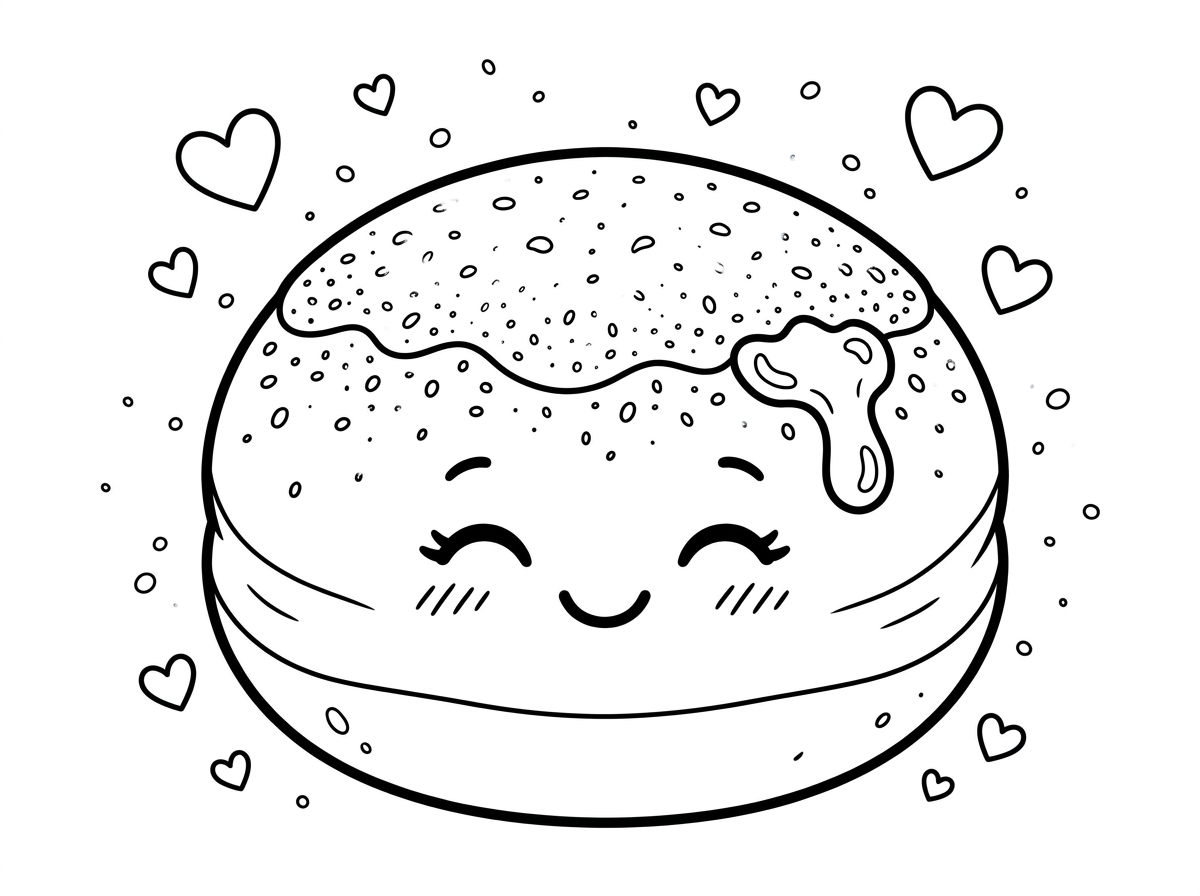 סופגנייה אחת ענקית במרכז הדף, עגולה ושמנמנה עם ריבה נוטפת מהצד, סוכר אבקה מפוזר למעלה ופרצוף חייכני מקסים עם עיניים עצומות מהנאה. מסביבה אבק סוכר מרחף באוויר ולבבות קטנים. איור מקסים בסגנון קוואיי יפני עם קווים פשוטים ונקיים.