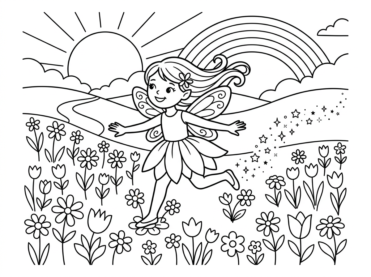 פיה צעירה עם כנפיים קטנות ושמלת עלי כותרת רצה בשמחה דרך שדה פרחים פתוח, ידיה פרושות לצדדים והיא כמעט ממריאה. שיערה מתנופף מאחוריה, וכל מקום שרגלה נוגעת צומח פרח חדש. ברקע גבעות, שמש זורחת וקשת בענן, שביל של אבק כוכבים נמשך מאחוריה.