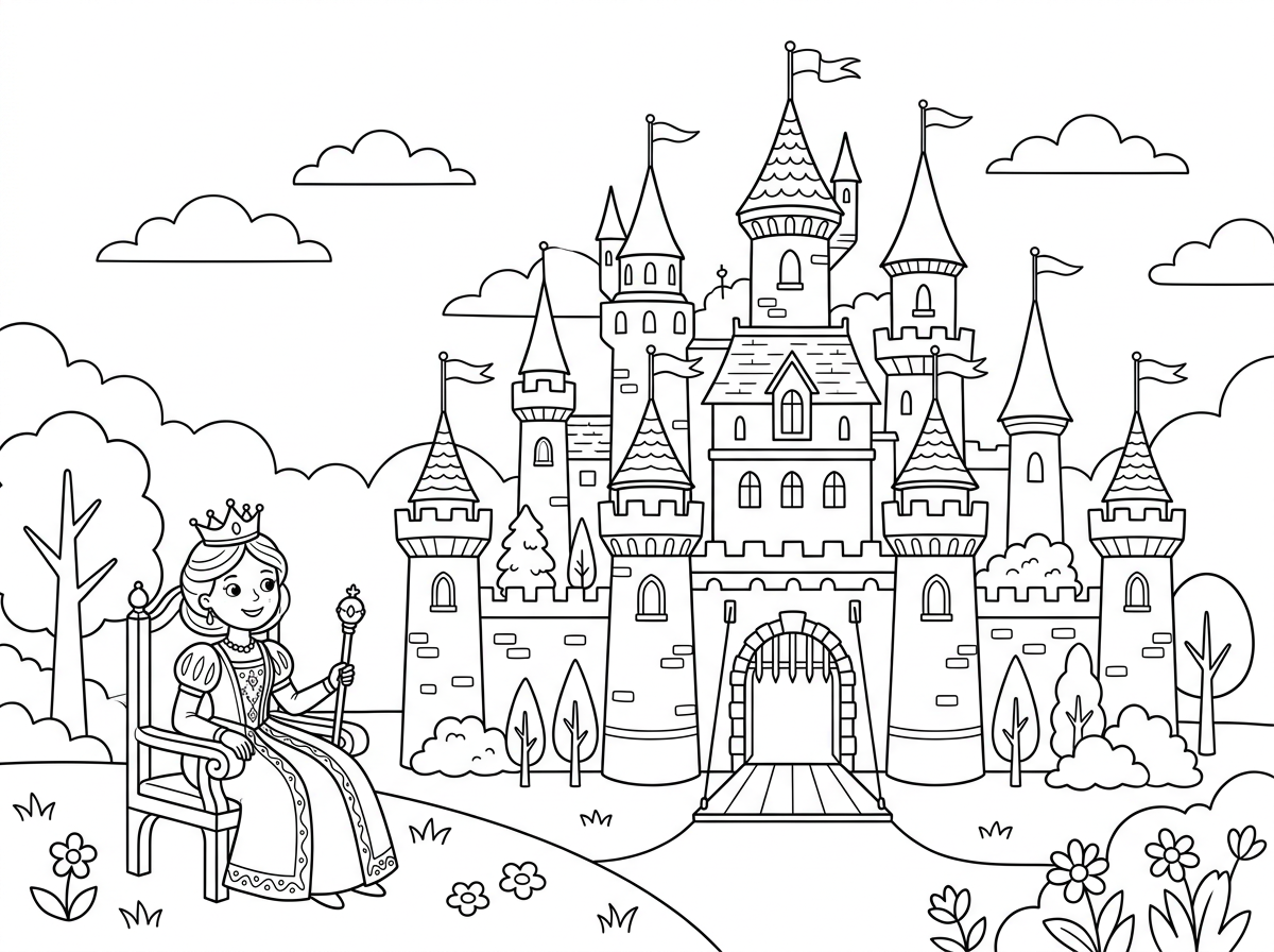 תצייר ארמון ענק ולייד יושבת מלכה