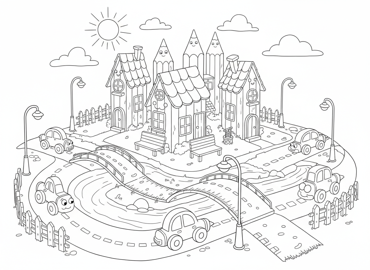 כפר עפרונות - בתים עשויים מעפרונות מחודדים, ספסלי מחק, גשרים מסרגלים, מכוניות צבעוניות מצבעונים, פנסי עטים, מחדד כבאר מים, כבישים מדפי מחברת, גדרות אטבים, ונהרות מסלוטייפ