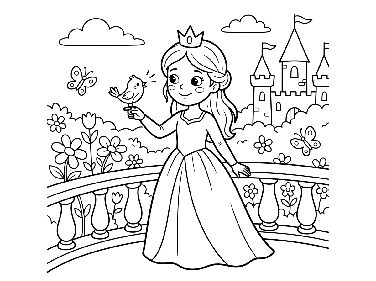 נסיכה עדינה עם שמלה ארוכה ועיניים חמות ומחייכות, מושיטה את כף ידה וציפור קטנה וחמודה ניצבת על אצבעה ומצייצת. סביבן פרחים ופרפרים, והנסיכה עומדת במרפסת ארמון מוקפת גינה מלבלבת. ברקע טירה עם מגדלים ודגלונים, בסגנון רך וחלומי.