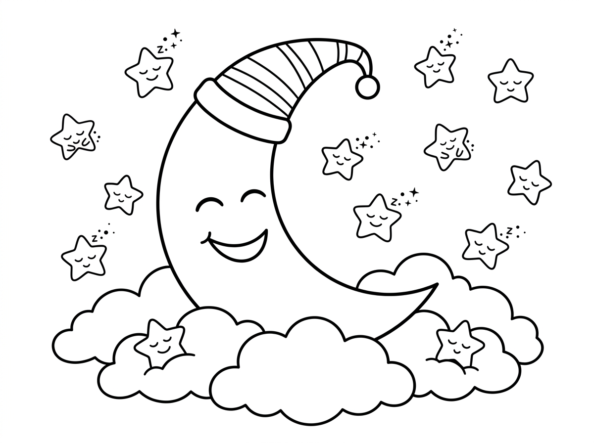 ירח סהר גדול וחייכן עם כובע שינה, מוקף בכוכבים קטנים שכל אחד מהם ישן בתנוחה חמודה – עיניים עצומות וחיוך שקט. עננים רכים כמו כריות מתחת לכוכבים. סצנת לילה שלווה וחלומית.