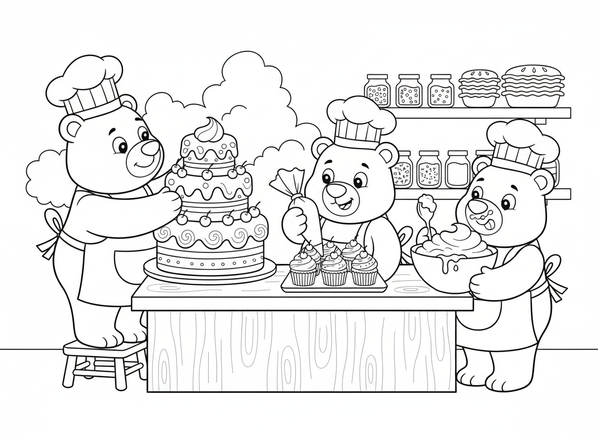 קונדיטוריה של דובים
דובים אופים עוגות קומותיים, מקשטים קאפקייקס ומלקקים קצפת בסתר.