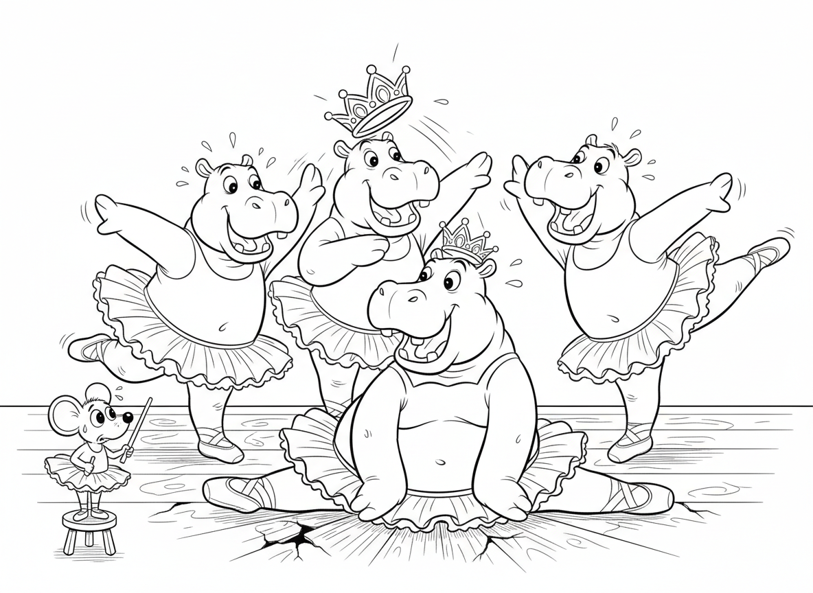 שיעור בלט של היפופוטמים - היפופוטמים בחצאיות טוטו מנסים תנועות בלט חינניות, נעלי בלט זעירות על כפות רגל ענקיות, רצפת עץ נסדקת, עכבר מורה לבלט נראה מודאג, היפו עושה שפגט ונתקע, וכתר נופל