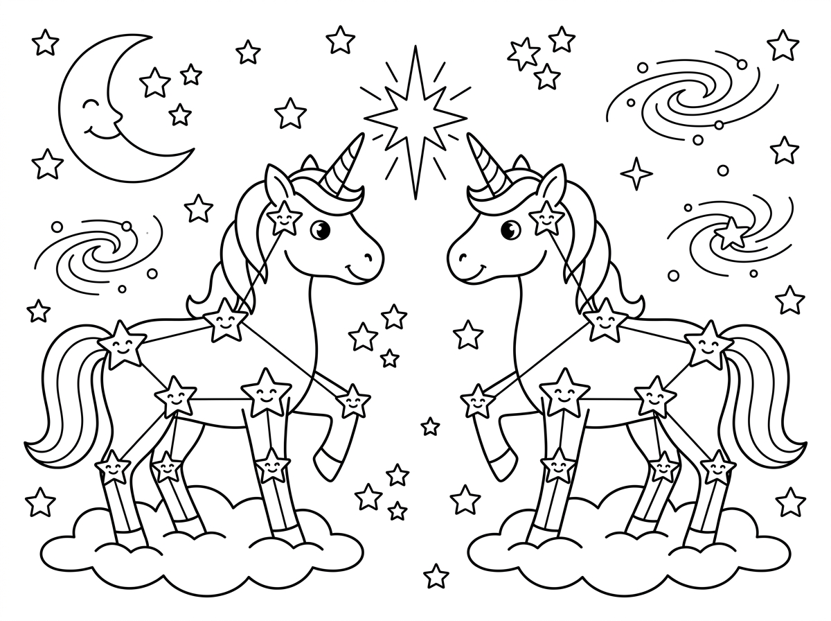 שני חדי קרן מצוירים כקונסטלציות כוכבים בשמי הלילה, גופותיהם מורכבות מנקודות כוכבים מחוברות בקווים דקים. הם ניצבים זה מול זה כמראה, ובין קרנותיהם כוכב גדול ובוהק. ברקע שמיים חשוכים עמוסי כוכבים, ירח מלא וערפילית, בסגנון אסטרונומי קסום.