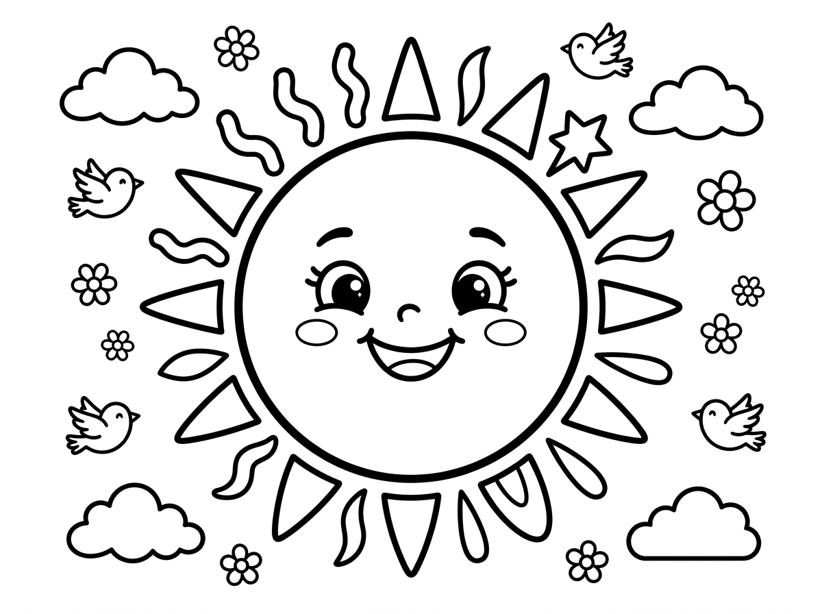 שמש גדולה ועגולה עם פנים שמחות, לחיים ועיניים נוצצות, מוקפת בקרניים מגוונות בצורות שונות – גליות, משולשות וכוכביות. סביב השמש עננים קטנים ורכים, ציפורים מעופפות ופרחים קטנים מרחפים באוויר. עיצוב מרכזי וסימטרי עם קווים עבים ופשוטים, מושלם לצביעה לגיל הרך.