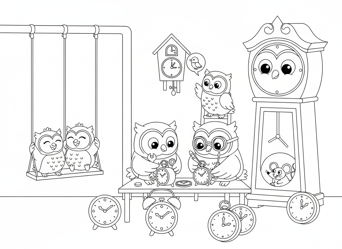 מעבדת שעונים של ינשופים - ינשופים חכמים מתקנים שעונים בכל הגדלים עם כלים זעירים, ציפור קוקיה משוחחת עם ינשוף, שעון סבא כזקן החנות, עכבר גר בתוך שעון, ומטוטלת כנדנדה