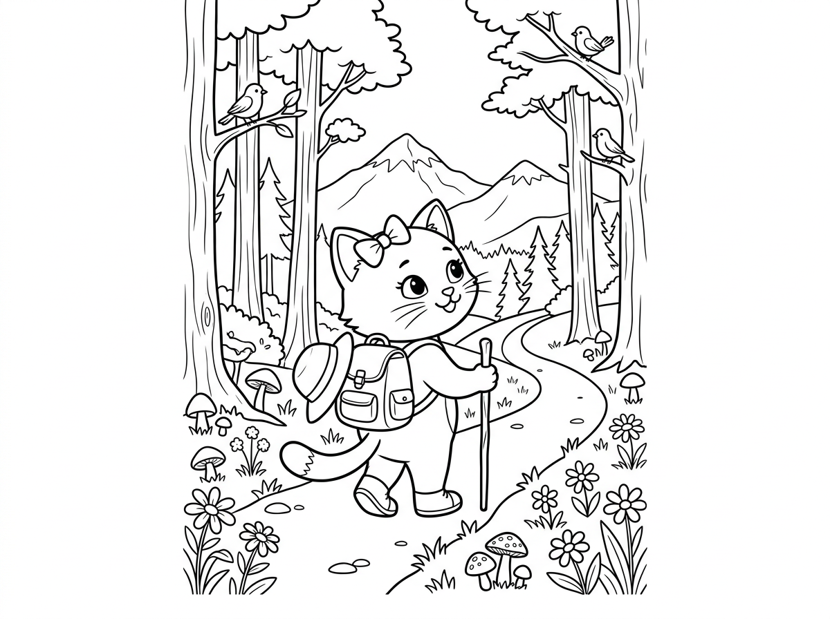 הלו קיטי מטיילת בשביל ביער עם תרמיל גב קטן, כובע שמש ומקל הליכה, מביטה על נוף הרים יפהפה. עצים גבוהים סביבה, ציפורים על ענפים, פרחי בר ופטריות על השביל. סגנון טבע ורענן עם פרטי יער.