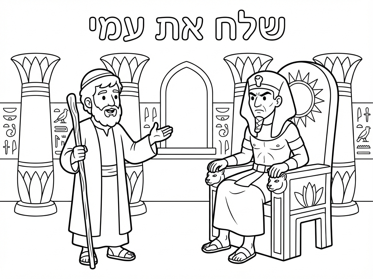 שלום,
תוכל ליצור לי דף צביעה של משה רבינו עם כיפה וזקן. עומד מול פרעה הרשע. ולמעלה כתוב: שלח את עמי