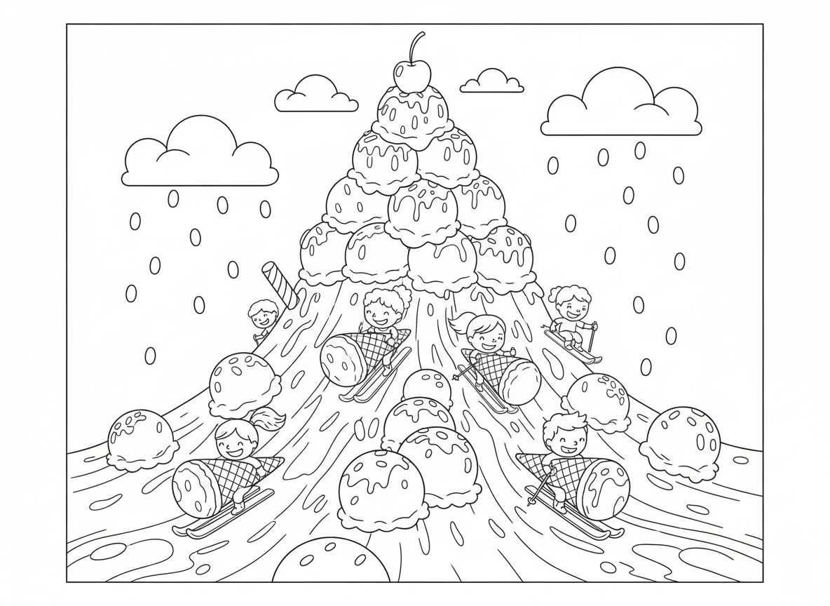 מפולת גלידה בהרים - הר של כדורי גלידה מתמוטט, ילדים עושים סקי על גביעי וופל, דובדבן בראש הפסגה, סוכריות צבעוניות נופלות כשלג, נהרות רוטב שוקולד, ועננים של קצפת