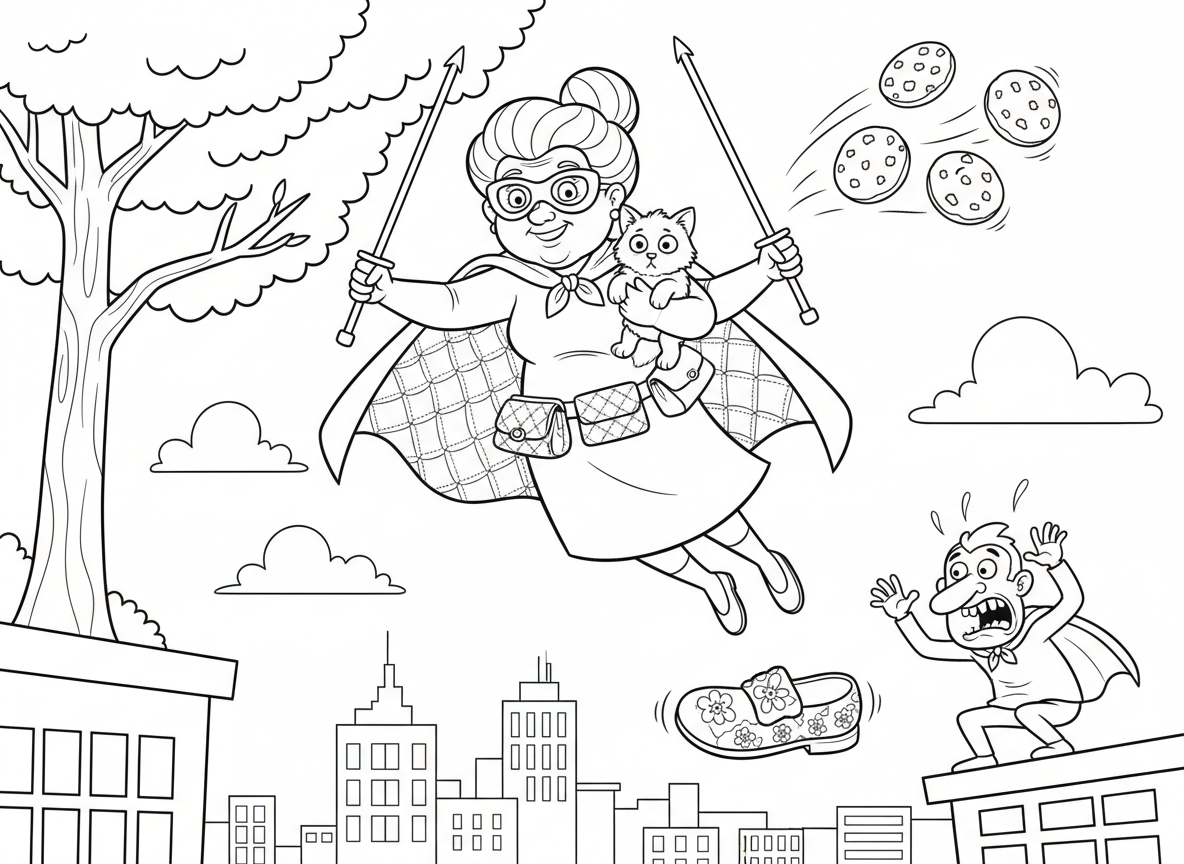 סבתא גיבורת על - סבתא עם גלימה ומסכה עפה מעל העיר, משתמשת במסרגות ככלי נשק, ארנק כחגורת שירות, זורקת עוגיות ככוכבי נינג׳ה, מצילה חתלתול מעץ, ורשע מפחד מהנעל שלה