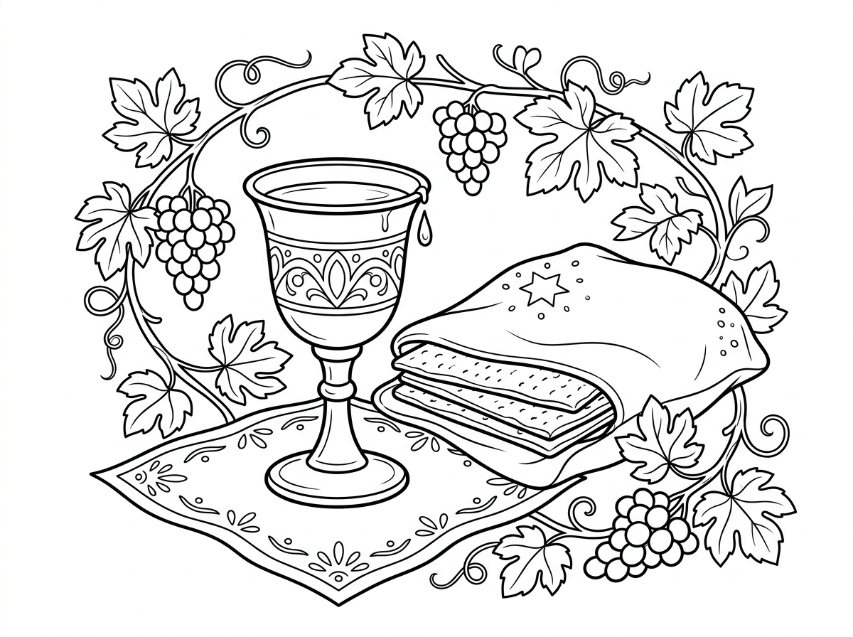 גביע כסף מעוטר מלא יין עומד על מפית מרוקמת, ולצידו שלוש מצות מוערמות בשקית בד לבנה. טיפת יין על שפת הגביע, ענפי ענבים מסגרים את הסצנה. אווירה חגיגית ומקודשת עם אור רך. סגנון קלאסי ומכובד עם פרטים מדויקים.