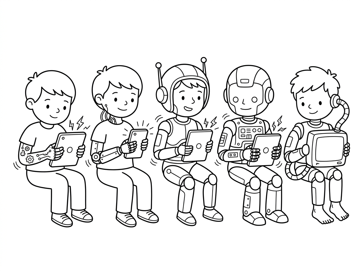 צייר לי ילדים שרואים מסך כל היום הופכים לרובוטים
