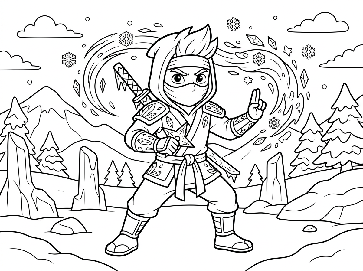 זן, ננג׳ת הקרח, עומד בתנוחת לחימה רגועה ומרוכזת עם כוח קרח מקפיא את הסביבה, פתיתי שלג מרחפים. לבוש בתלבושת ננג׳ה לבנה עם אלמנטי קרח, מסכה על פניו ונשק שוריקן קפוא. ברקע נוף שלג ויידנים בסגנון קרח.