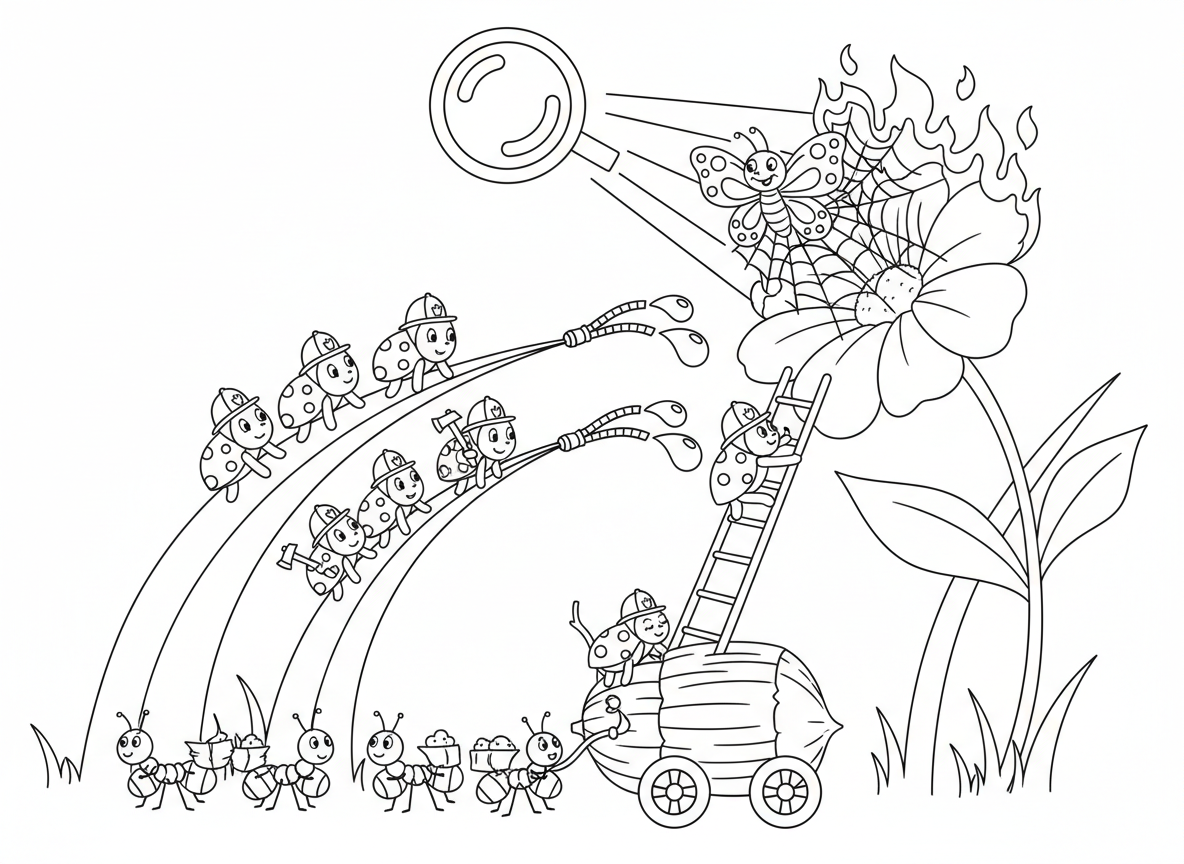 מחלקת כיבוי של חיפושיות - חיפושיות כבאיות מחליקות על גבעולי דשא, מכבית אש מבלוט, צינורות מים מטיפות טל, פרפר נלכד ברשת עכביש מוצל, פינוי נמלים, ופרח בוער משמש דרך זכוכית מגדלת