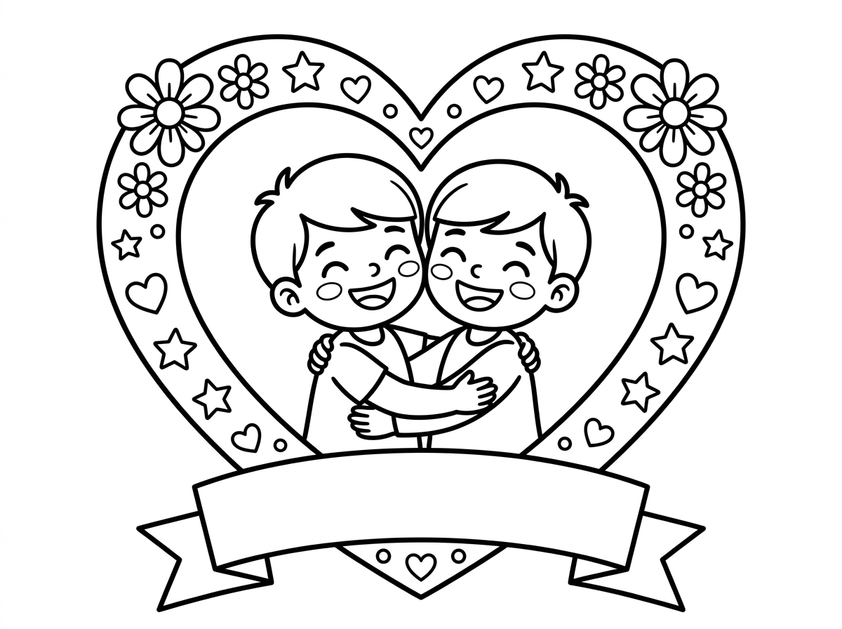 מסגרת גדולה בצורת לב ובתוכה שני ילדים חברים מחייכים ומחבקים זה את זה. המסגרת מעוטרת בפרחים, כוכבים ולבבות קטנים. מתחת למסגרת סרט עם מקום לכתוב שם. עיצוב חם וידידותי.