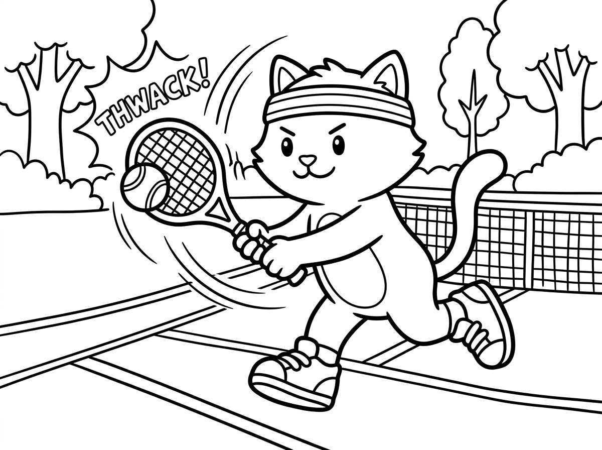 חתול ספורטיבי ואנרגטי מחזיק מחבט טניס בכפותיו ומכה כדור, עם ביטוי רכוז ונחוש. הוא לובש סרט ספורט על ראשו ונעלי ספורט זעירות. סגנון קריקטורה דינמי ומצחיק עם קווי תנועה ואנרגיה, רקע של מגרש טניס.