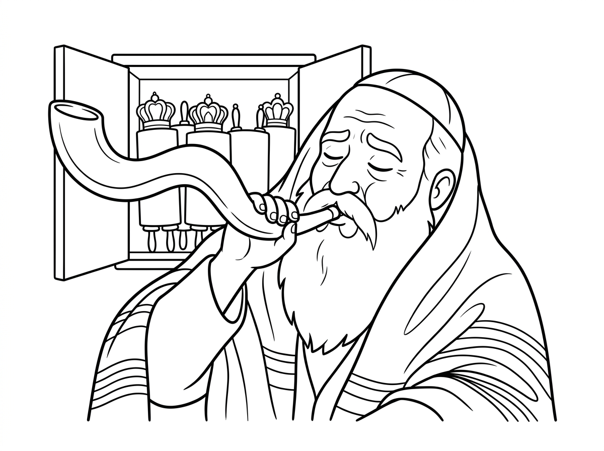 רב מבוגר עם זקן לבן ארוך ועיניים עצומות מריכוז, עטוף בטלית לבנה עם פסים, תוקע בשופר גדול ומעוקל. לחייו נפוחות ופניו מבטאים מסירות ורגש עמוק, ברקע ארון קודש עם ספרי תורה. סגנון מכובד ומרגש עם קווים מפורטים.