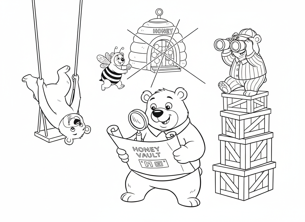 סרט שוד דבש של דובים - דובים מתכננים שוד על כספת דבש של דבורים, דוב אחד לומד תוכניות, אחר מתרגל אקרובטיקה, דוב תצפית עם משקפת, דוב מחופש לדבורה, וכספת דבש עם אבטחת לייזר