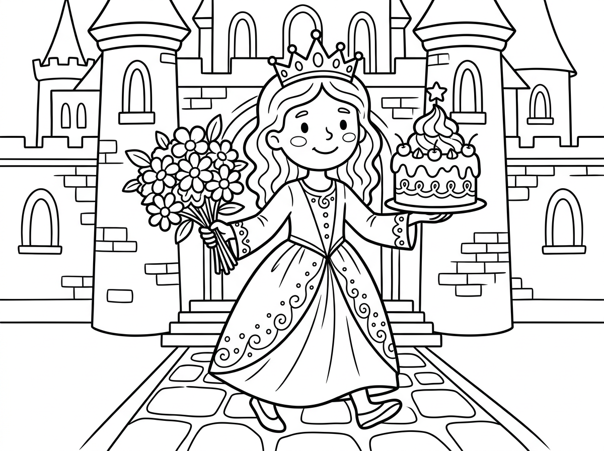 אשמח לדף צביעה של נסיכה עם שמלה ושרוולים ארוכים יוצאת מהארמון שיש לה על הראש כתר ויש לה ביד זר פרחים, וביד השניה-עוגת קצפת.