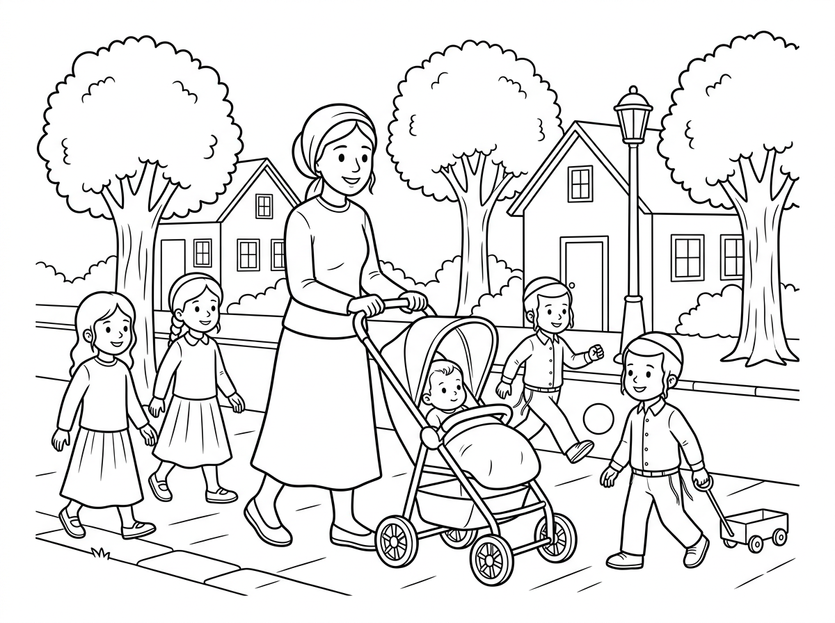 צור לי ציור של בחורה חרדית וצנועה הולכת עם עגלת תינוקת ובתוך יש תינוקת 
ברחוב עם מלא ילדים קטנים חרדים