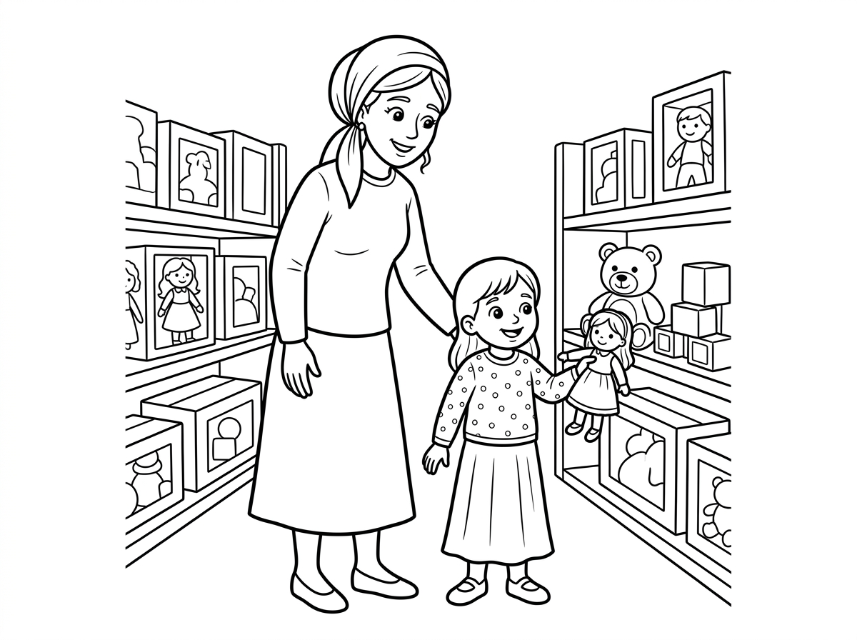 אמא ובת חרדיות וצנועות שהולכות לחנות בובות
וקונות בובה. 
יש לבת בובה ביד