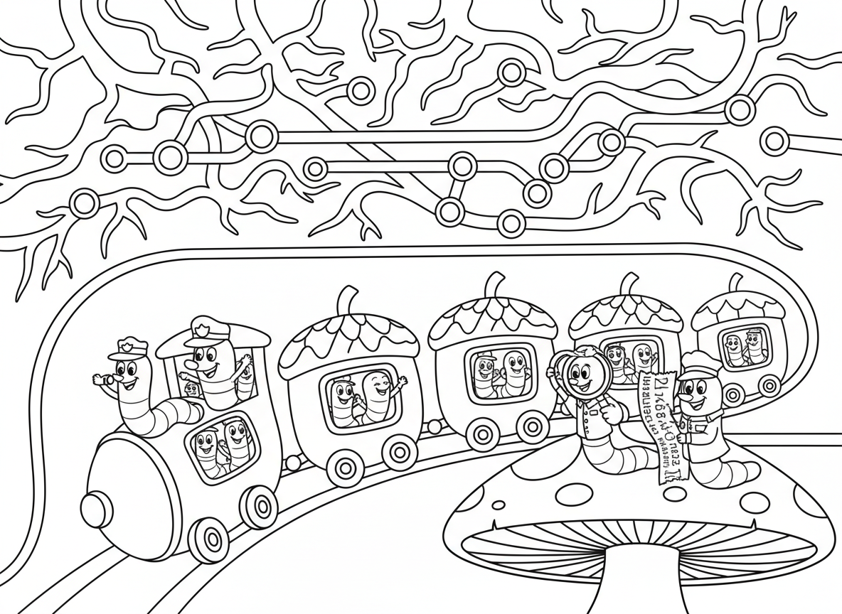 מערכת רכבת תחתית של תולעים - תולעים נוסעות במנהרות תת-קרקעיות בקרונות בלוט, חפרפרת כבודק כרטיסים, תולעת אדמה כנהג, תחנות פטריות, רשת שורשים כמפת רכבת, ונוסעי חיפושיות
