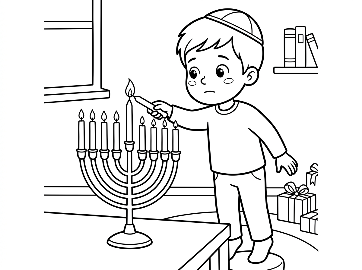 ילד קטן עם כיפה על ראשו עומד על קצות אצבעות רגליו ומגביה שמש דולק להדליק את הנר הראשון בחנוכייה. הבעת פניו רצינית ומרוכזת, אור חם מאיר את פניו, וברקע חדר ביתי נעים עם חלון, ספרים ומתנות עטופות. איור ילדותי חמים בסגנון מים עם קווי מתאר רכים.
