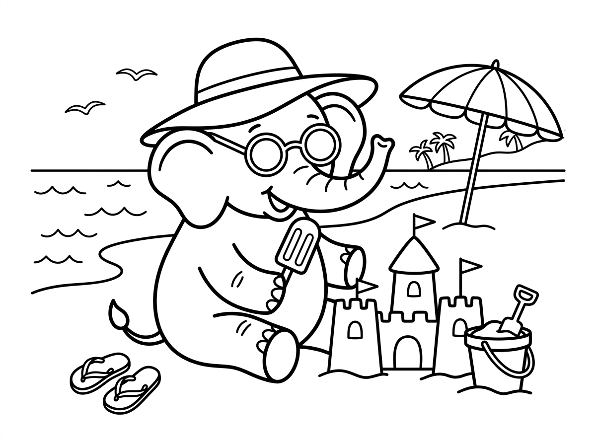 פיל ידידותי וגדול יושב על חול החוף ליד מגדלי חול שבנה, מחזיק שלגון בחדק שלו. הוא לובש כובע שמש רחב שוליים ומשקפי שמש, לידו סנדלים ודלי חול. ברקע ים עם גלים, שמשייה פתוחה ושחפים מעופפים בשמיים.