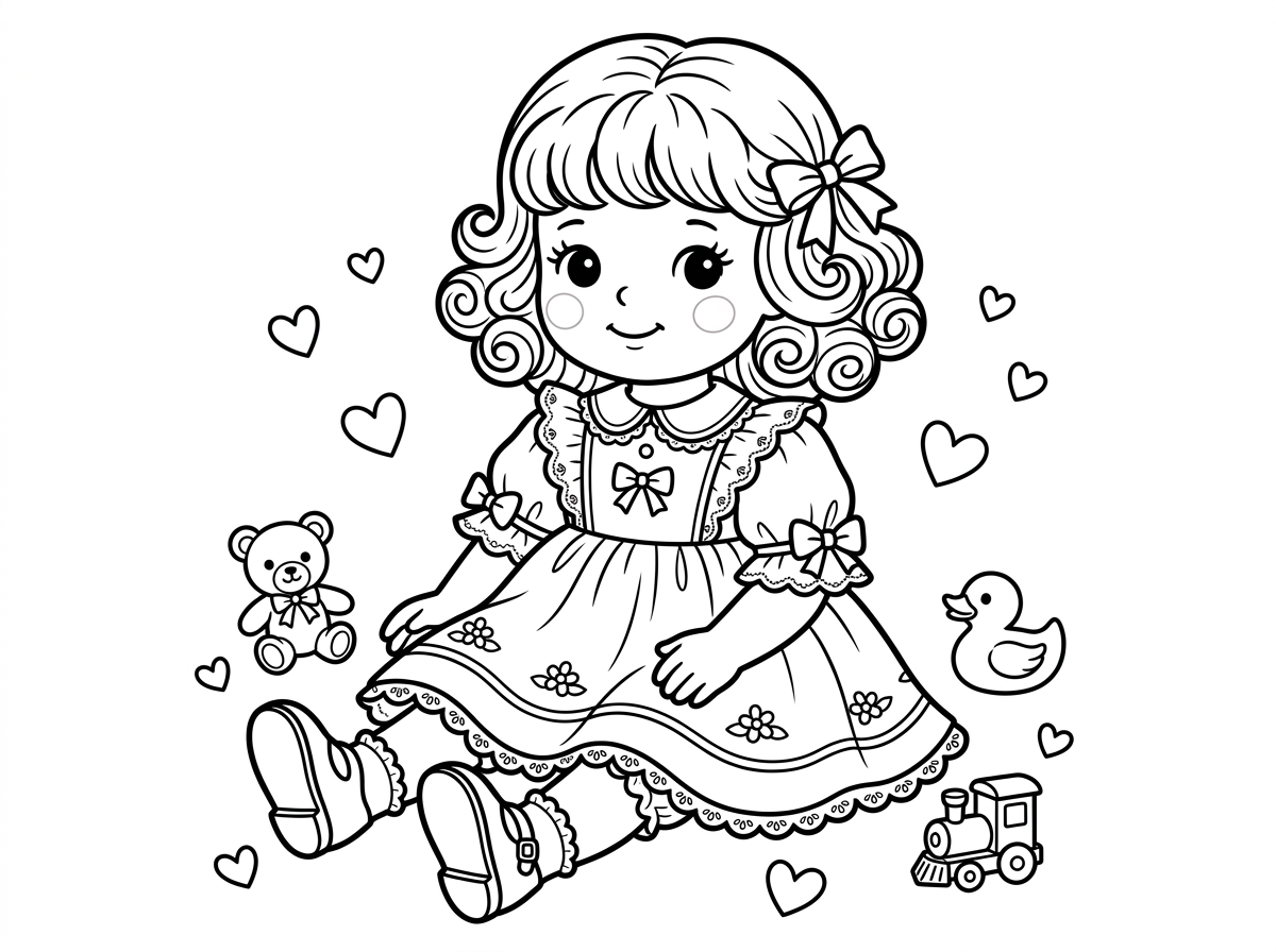 בובה חמודה עם שיער מתולתל, עיניים גדולות ועגולות, לחיים סמוקות ושמלה מקושטת בתחרה ופפיונים. הבובה יושבת בתנוחה חמודה עם רגליים ישרות ונעלי לק. סביבה צעצועים קטנים ולבבות. סגנון קלאסי של בובת פורצלן.